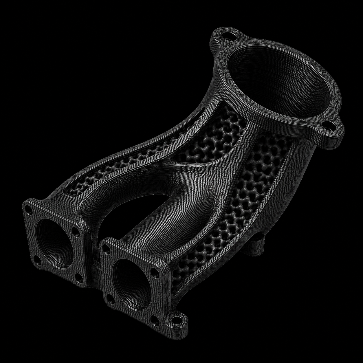 Custom automotive component printed in black polycarbonate with internal lattice structure