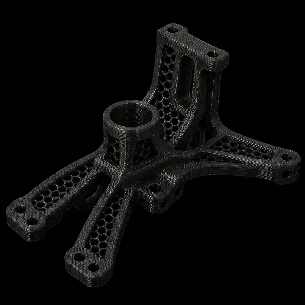3D printed aerospace bracket in black polycarbonate with honeycomb infill
